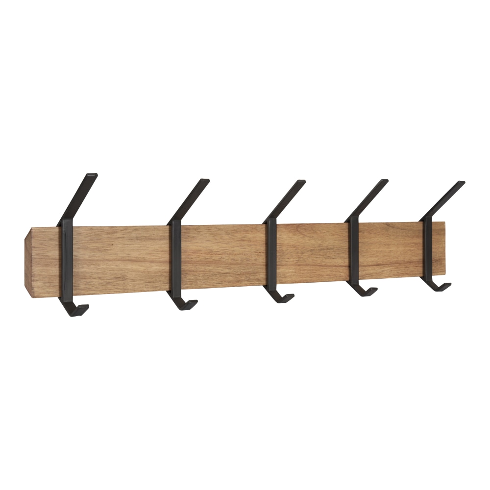 Kate and Laurel Rossmore Wood And Metal 5-Hook Shelf, 4-3/8inH x 29-15/16inW x 7-1/4inD, Rustic Brown/Black MPN:218872