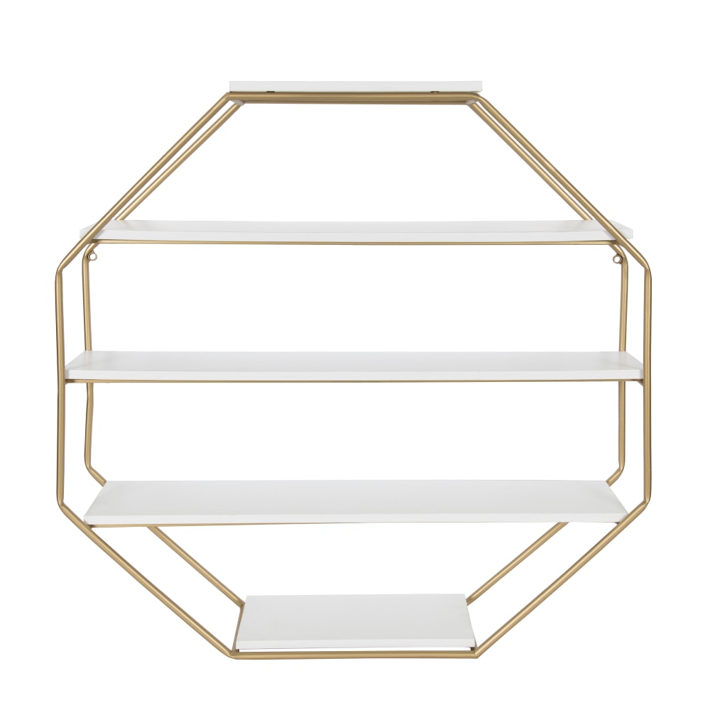 Kate and Laurel Lintz Large Octagon Floating Wall Shelves With Metal Frame, 30-3/4inH x 30-1/2inW x 7inD, White/Gold MPN:213067