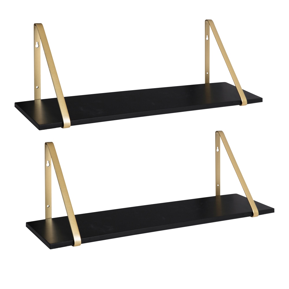 Kate and Laurel Soloman Wooden Shelves with Brackets, 8-5/16inH x 27-1/2inW x 6-15/16inD, Black/Gold, Set Of 2 Shelves MPN:214088