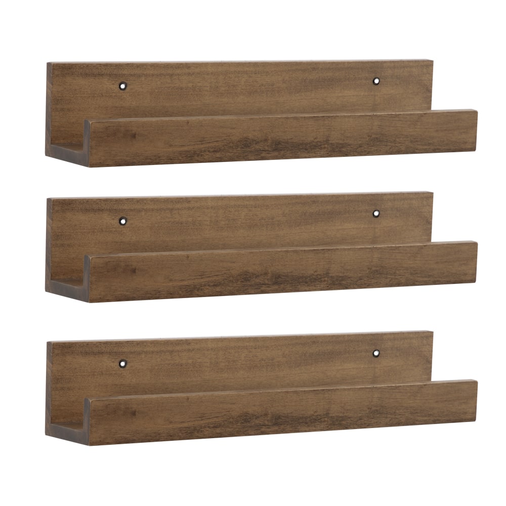 Kate and Laurel Levie Wooden Picture Ledge Wall Shelf Set, 3-1/2inH x 18inW x 3-1/2inD, Rustic Brown, Set Of 3 Shelves MPN:218503