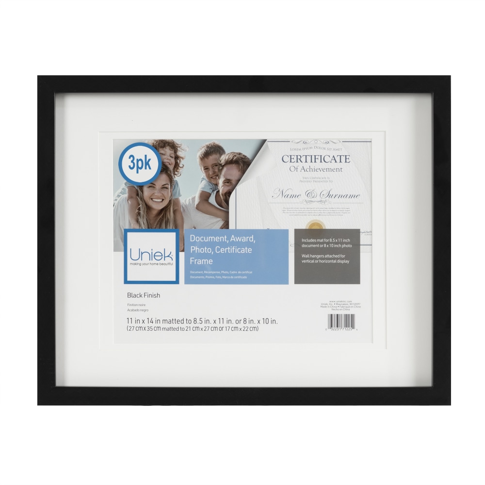 Uniek Gallery Photo/Document Picture Frames, 11in x 14in With Mat, Black, Set Of 3 Picture Frames MPN:228565