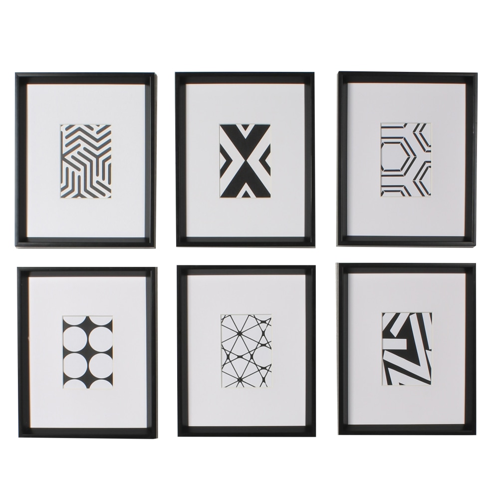 Uniek Kate and Laurel Calter Framed Art Prints, 12-7/16in x 15-7/16in, Modern Black And White Geometric Abstract Black, Set Of 6 MPN:210293