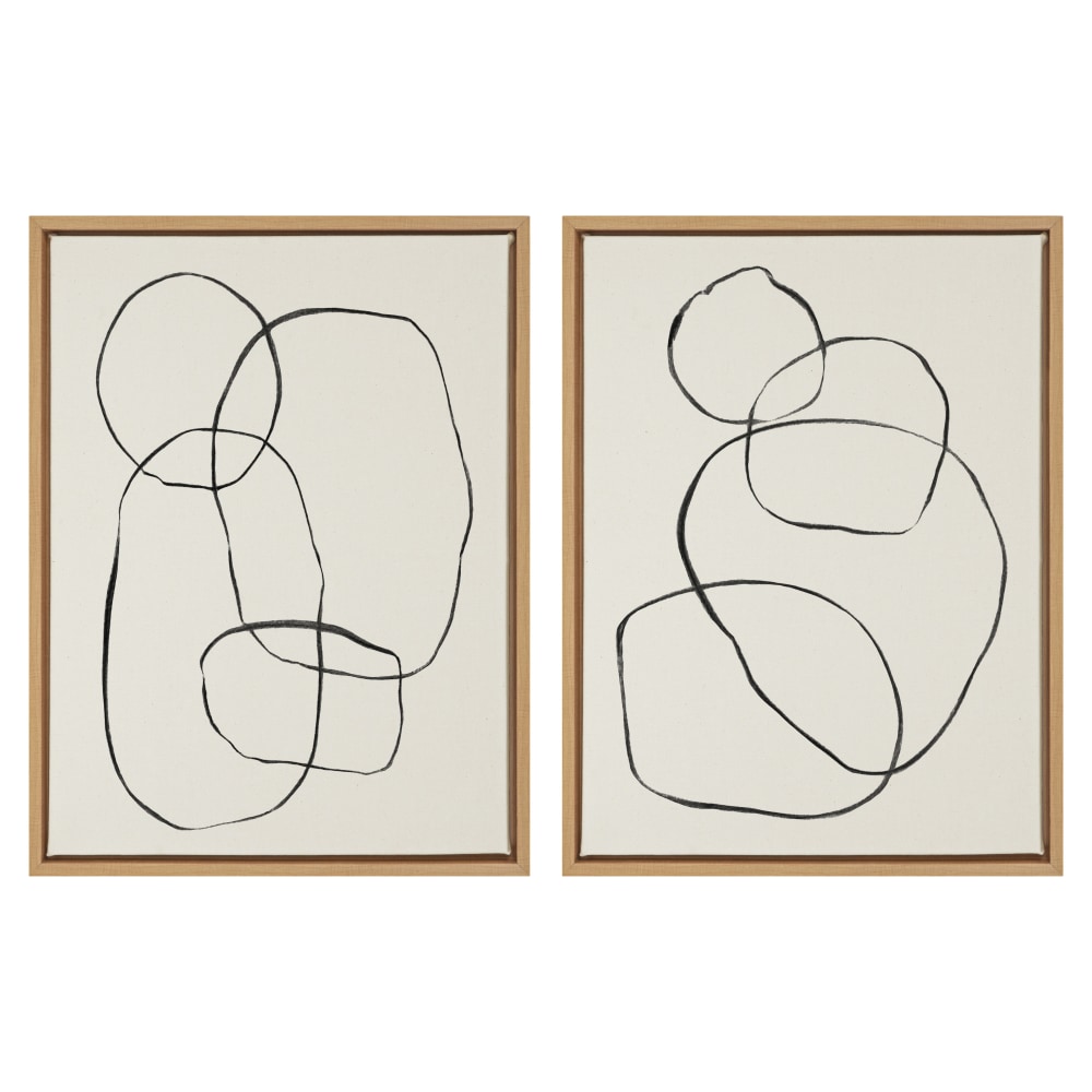 Uniek Kate And Laurel Sylvie Framed Canvas Wall Art Prints, 18in x 24in, Modern Circles And Going in Circles Natural, Set Of 2 MPN:218386