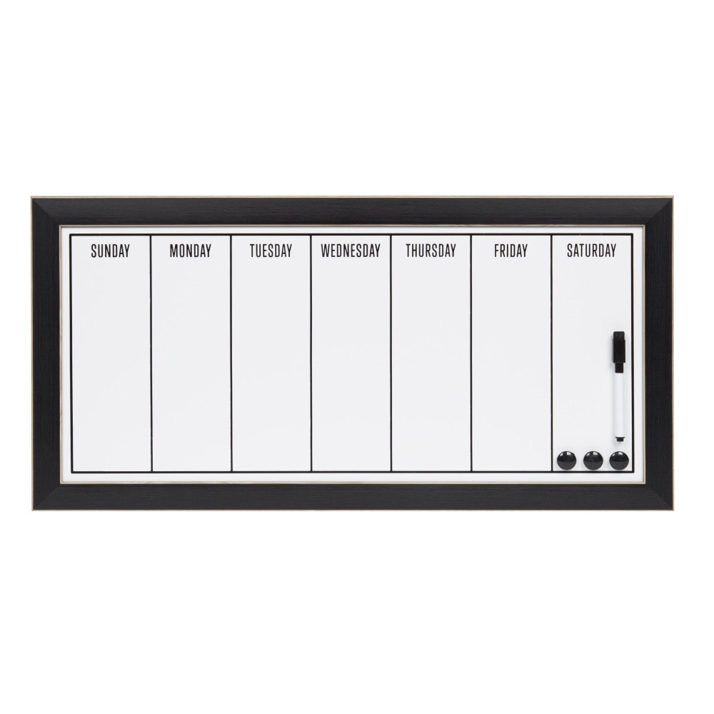 DesignOvations Wyeth Magnetic Framed Dry-Erase Weekly Calendar, Melamine, 13in x 26in, White, Black Plastic Frame MPN:208727