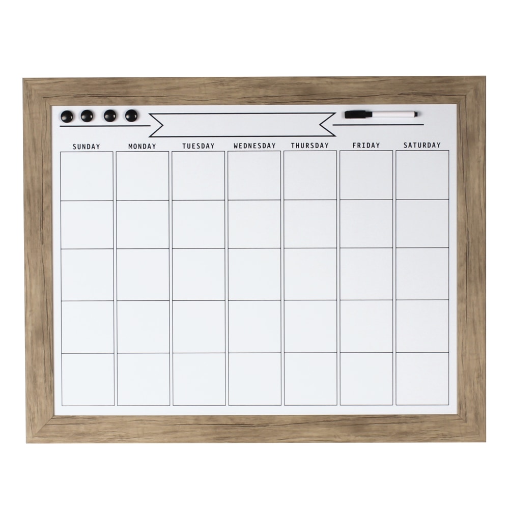 DesignOvations Beatrice Magnetic Framed Dry-Erase Monthly Calendar, Melamine, 23in x 29in, White, Rustic Brown Plastic Frame MPN:209367
