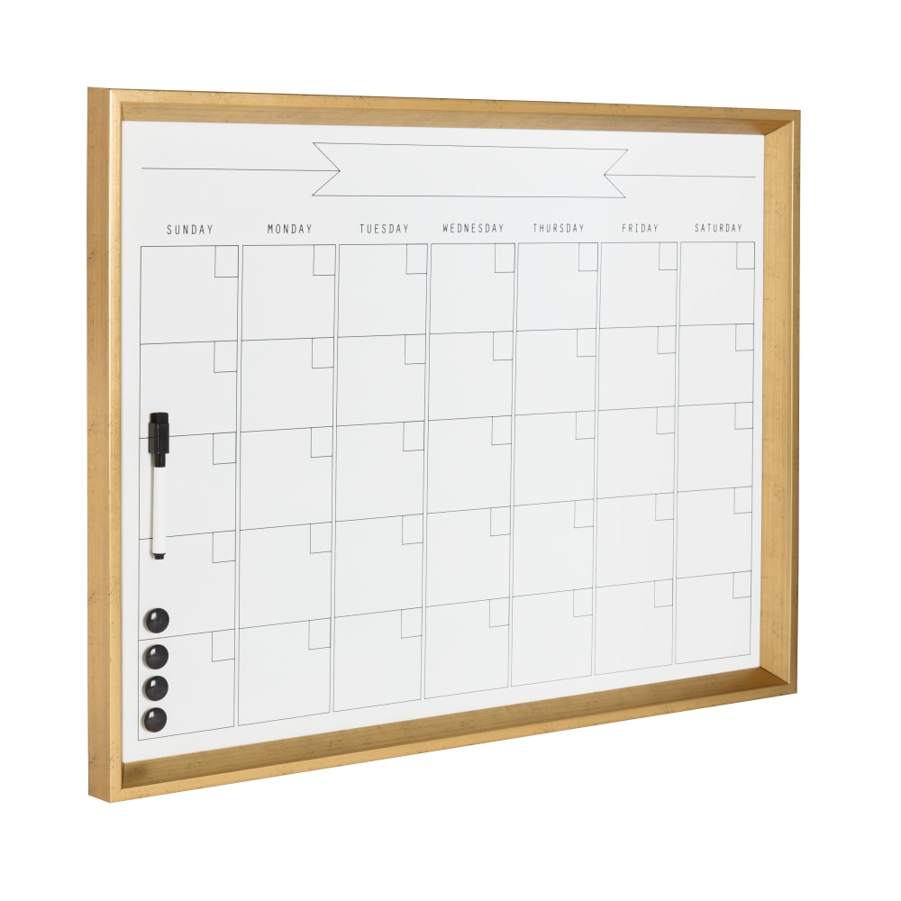 Kate and Laurel Calter Magnetic Framed Dry-Erase Calendar, Melamine, 21-1/4in x 27-1/2in, White, Gold Plastic Frame MPN:211669