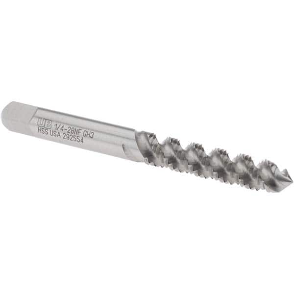 Spiral Flute Tap: 1/4-28, UNF, 3 Flute, Plug, 3B Class of Fit, High Speed Steel, Bright/Uncoated MPN:6007805