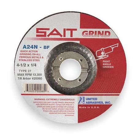 Depressed Center Grinding Wheel, Type 27, 4 1/2 in Dia, 0.25 in Thick, 7/8 in Arbor Hole Size MPN:20060