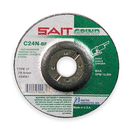 Depressed Center Grinding Wheel, Type 27, 4 1/2 in Dia, 0.25 in Thick, 7/8 in Arbor Hole Size MPN:20061