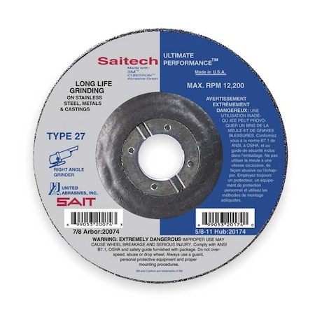 Depressed Center Grinding Wheel, Type 27, 4 1/2 in Dia, 0.25 in Thick, 7/8 in Arbor Hole Size MPN:20064