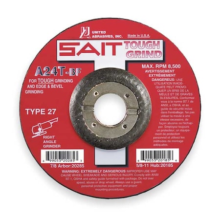 Depressed Center Grinding Wheel, Type 27, 4 1/2 in Dia, 0.25 in Thick, 7/8 in Arbor Hole Size MPN:20065