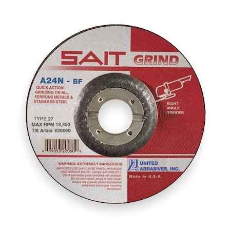 Depressed Center Grinding Wheel, Type 27, 5 in Dia, 0.25 in Thick, 7/8 in Arbor Hole Size, 24 Grit MPN:20070