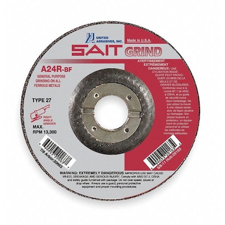 Depressed Center Grinding Wheel, Type 27, 5 in Dia, 0.25 in Thick, 7/8 in Arbor Hole Size, 24 Grit MPN:20073