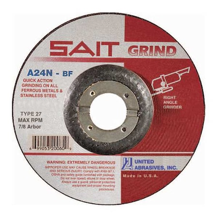 Depressed Center Grinding Wheel, Type 27, 6 in Dia, 0.25 in Thick, 7/8 in Arbor Hole Size, 24 Grit MPN:20078