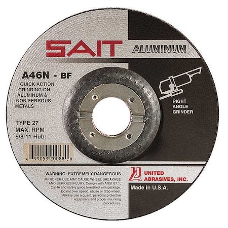 Depressed Center Grinding Wheel, Type 27, 7 in Dia, 0.25 in Thick, 7/8 in Arbor Hole Size, 46 Grit MPN:20083