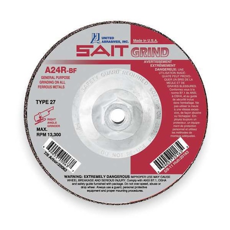 Depressed Center Grinding Wheel, Type 27, 7 in Dia, 0.25 in Thick, 5/8