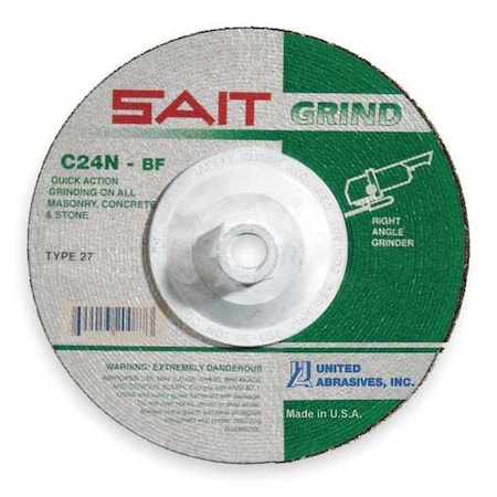 Depressed Center Grinding Wheel, Type 27, 7 in Dia, 0.25 in Thick, 5/8