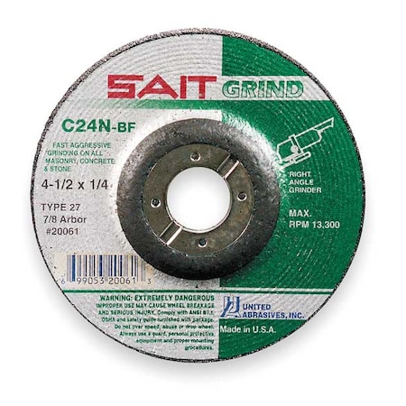 Depressed Center Grinding Wheel, Type 27, 9 in Dia, 0.25 in Thick, 7/8 in Arbor Hole Size, 24 Grit MPN:20092