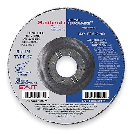 Depressed Center Grinding Wheel, Type 27, 9 in Dia, 0.25 in Thick, 7/8 in Arbor Hole Size, Ceramic MPN:20094