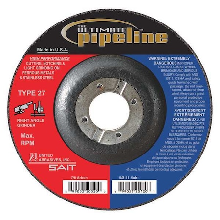 Cut-Off & Grinding Wheel, Type 27, 6 in Dia, 0.125 in Thick, 5/8