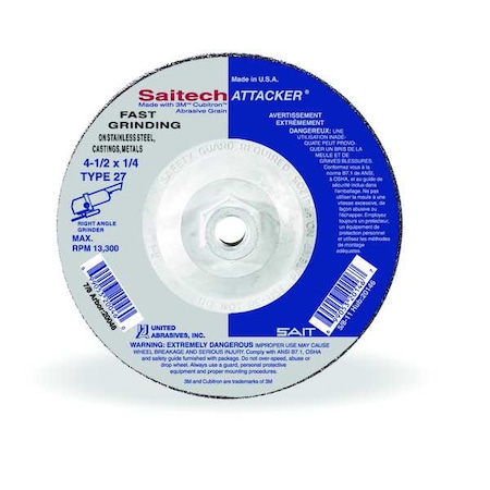 Depressed Center Grinding Wheel, Type 27, 4 1/2 in Dia, 0.25 in Thick, 5/8