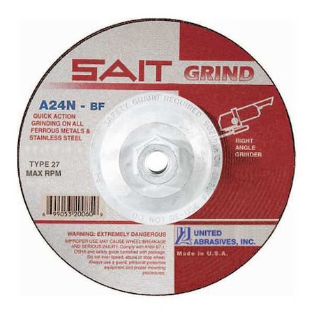 Depressed Center Grinding Wheel, Type 27, 4 1/2 in Dia, 0.25 in Thick, 5/8