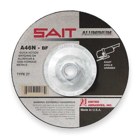 Depressed Center Grinding Wheel, Type 27, 4 1/2 in Dia, 0.25 in Thick, 5/8