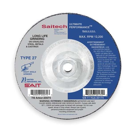 Depressed Center Grinding Wheel, Type 27, 4 1/2 in Dia, 0.25 in Thick, 5/8