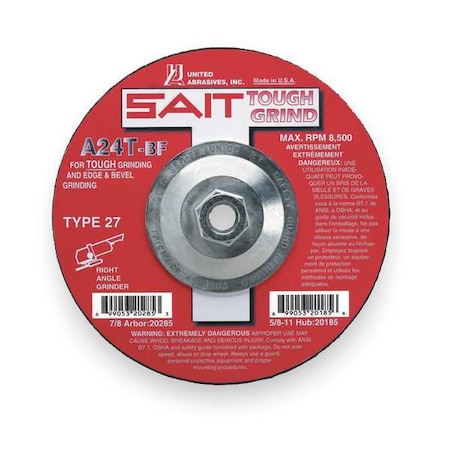 Depressed Center Grinding Wheel, Type 27, 4 1/2 in Dia, 0.25 in Thick, 5/8