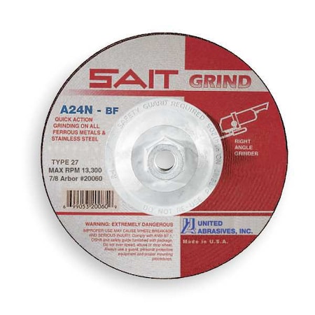 Depressed Center Grinding Wheel, Type 27, 5 in Dia, 0.25 in Thick, 5/8