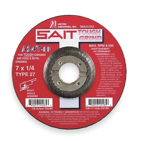 Depressed Center Grinding Wheel, Type 27, 7 in Dia, 0.25 in Thick, 7/8 in Arbor Hole Size, 24 Grit MPN:20285