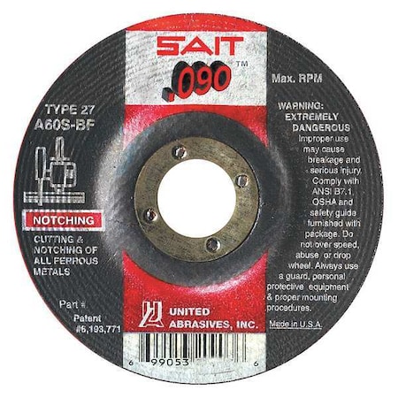 Depressed Center Cut-Off Wheel, Type 27, 4 1/2 in Dia, 0.09 in Thick, 7/8 in Arbor Hole Size MPN:20903