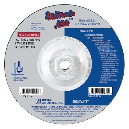 Depressed Center Cut-Off Wheel, Type 27, 4 1/2 in Dia, 0.09 in Thick, 5/8