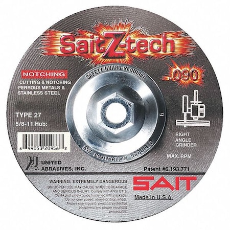 Depressed Center Cut-Off Wheel, Type 27, 6 in Dia, 0.09 in Thick, 5/8
