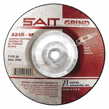 Depressed Center Grinding Wheel, Type 28, 7 in Dia, 0.25 in Thick, 5/8