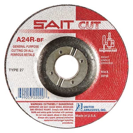 Depressed Center Cut-Off Wheel, Type 27, 4 1/2 in Dia, 0.0938 in Thick, 7/8 in Arbor Hole Size MPN:22020