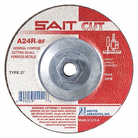 Depressed Center Cut-Off Wheel, Type 27, 4 1/2 in Dia, 0.0938 in Thick, 5/8