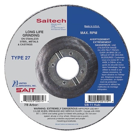 Cut-Off & Grinding Wheel, Type 27, 7 in Dia, 0.125 in Thick, 7/8 in Arbor Hole Size, Ceramic MPN:22284