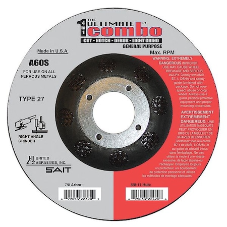 Depressed Center Cut-Off Wheel, Type 27, 4 1/2 in Dia, 0.095 in Thick, 7/8 in Arbor Hole Size MPN:22320
