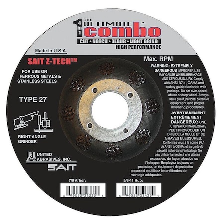 Depressed Center Cut-Off Wheel, Type 27, 4 1/2 in Dia, 0.095 in Thick, 7/8 in Arbor Hole Size MPN:22330