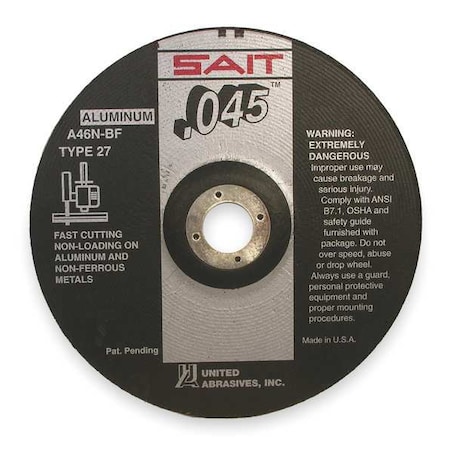 Depressed Center Cut-Off Wheel, Type 27, 5 in Dia, 0.045 in Thick, 7/8 in Arbor Hole Size, 46 Grit MPN:22350