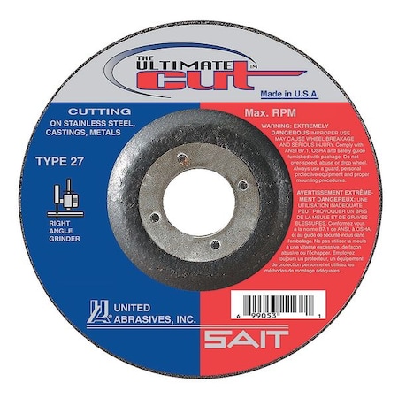 Depressed Center Cut-Off Wheel, Type 27, 4 1/2 in Dia, 0.045 in Thick, 7/8 in Arbor Hole Size MPN:22380