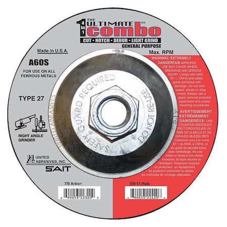 Depressed Center Cut-Off Wheel, Type 27, 4 1/2 in Dia, 0.095 in Thick, 5/8