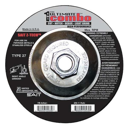 Depressed Center Cut-Off Wheel, Type 27, 4 1/2 in Dia, 0.095 in Thick, 5/8