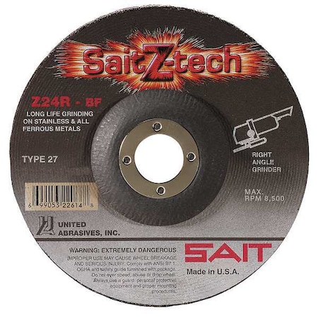 Depressed Center Grinding Wheel, Type 27, 4 1/2 in Dia, 0.25 in Thick, 7/8 in Arbor Hole Size MPN:22600