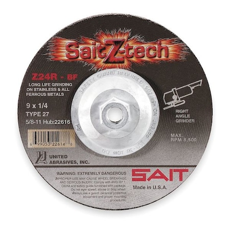 Depressed Center Grinding Wheel, Type 27, 5 in Dia, 0.25 in Thick, 7/8 in Arbor Hole Size, 24 Grit MPN:22602