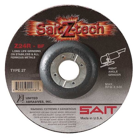Depressed Center Grinding Wheel, Type 27, 6 in Dia, 0.25 in Thick, 7/8 in Arbor Hole Size, 24 Grit MPN:22603