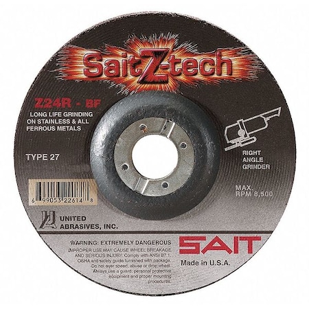 Depressed Center Grinding Wheel, Type 27, 9 in Dia, 0.25 in Thick, 7/8 in Arbor Hole Size, 24 Grit MPN:22606