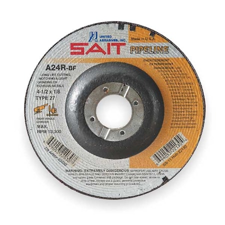 Cut-Off & Grinding Wheel, Type 27, 4 1/2 in Dia, 0.125 in Thick, 7/8 in Arbor Hole Size, 24 Grit MPN:22620