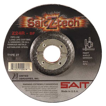 Cut-Off & Grinding Wheel, Type 27, 7 in Dia, 0.125 in Thick, 7/8 in Arbor Hole Size, 24 Grit MPN:22624
